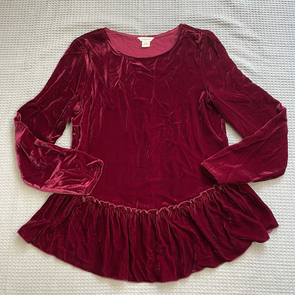 Sundance Velvet Peplum Blouse Small Womens Silk Blend Garnet Long Sleeve